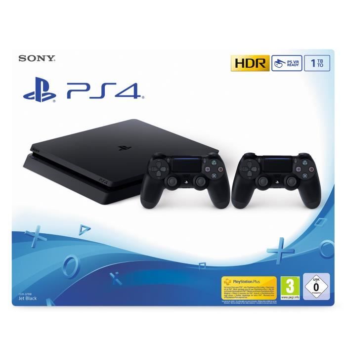 Présentation produit : Console PS4 Slim 1To Noire/Jet Black + 2ème Manette DualShock Noire - PlayStation OfficielHaut de page ▲ Ce pack comprend une PS4 Slim 1To noire (Châssis F) ainsi qu'une seconde manette DualShock V2 noire.