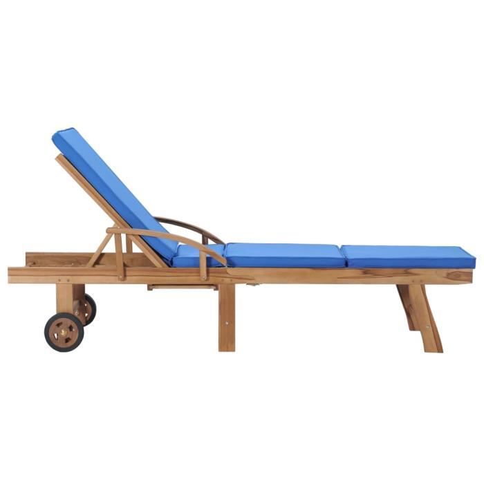 Chaises longues avec coussins 2 pcs Bois de teck solide Bleu-RUI