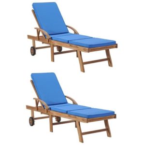 Chaises longues avec coussins 2 pcs Bois de teck solide Bleu-RUI
