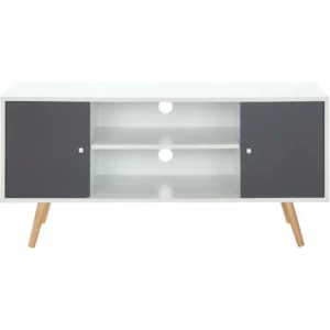 Meuble TV scandinave pieds en bois gris foncé et blanc - L 116 cm - BABETTE