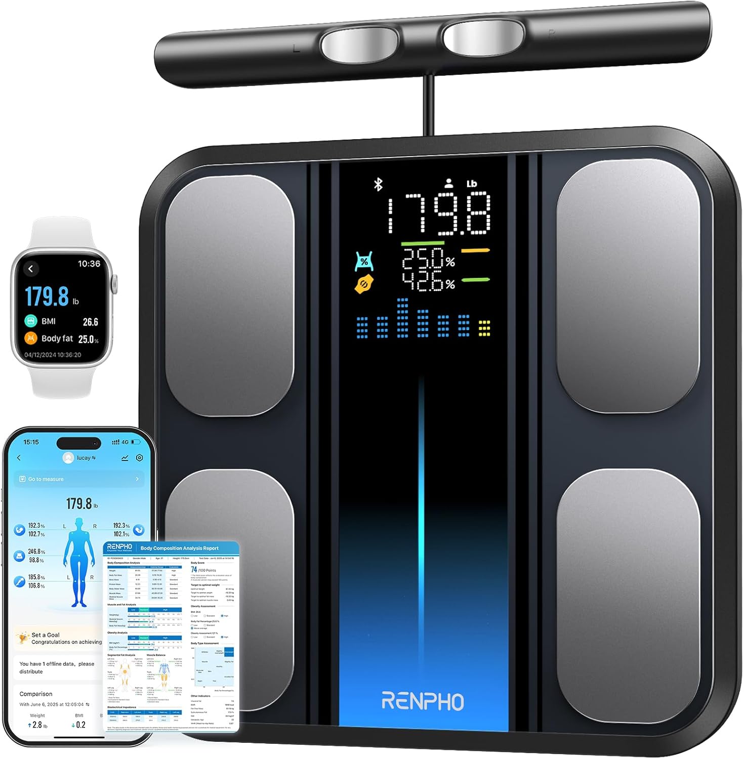 t1 RENPHO Digitale Personenwaage mit 8 Elektroden, BMI-Messung, Körperfettanteilsmessung, Muskelmassenmessung, Körperzusammensetzungsanalyse und MorphoScan-Basis – Bild 1